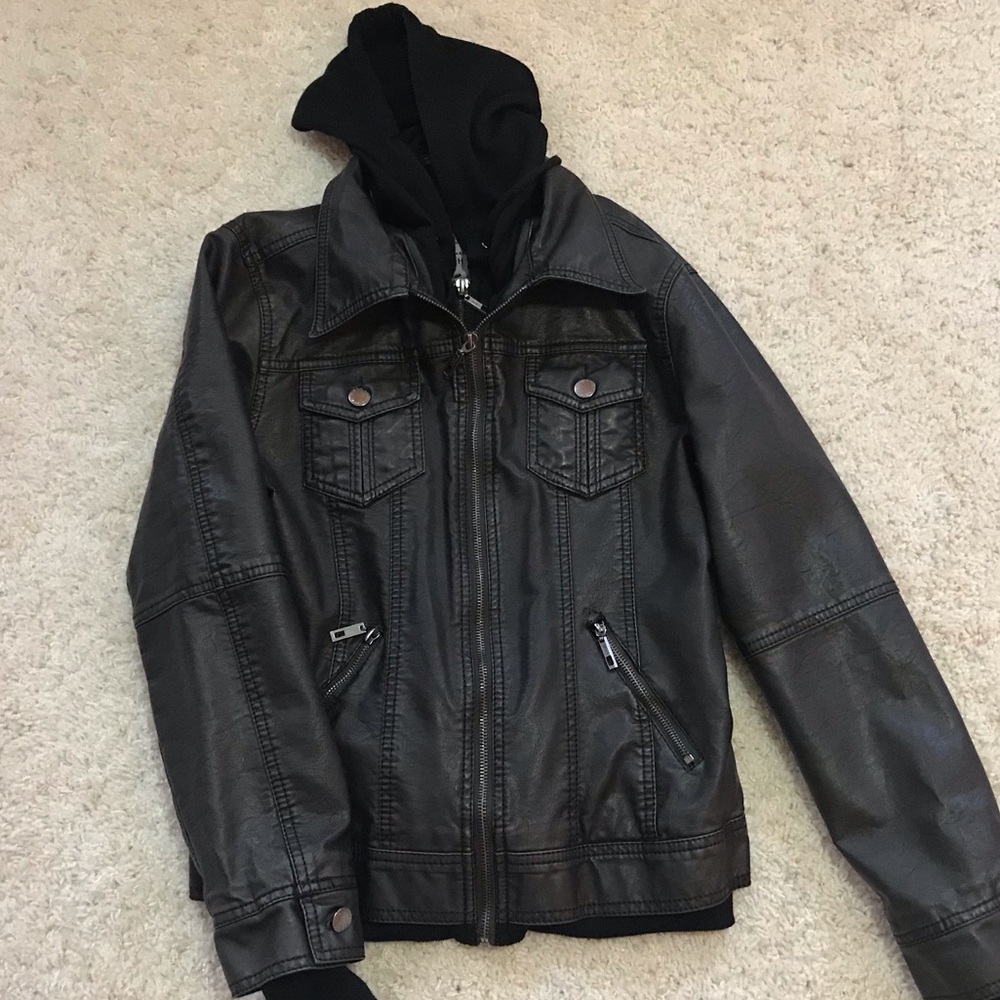 Women's Removable Hooded Faux Leather Moto Bike